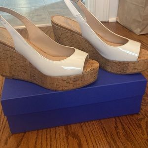 Stuart Weitzman cork heel platform sandals. Never worn. With box, if desired.